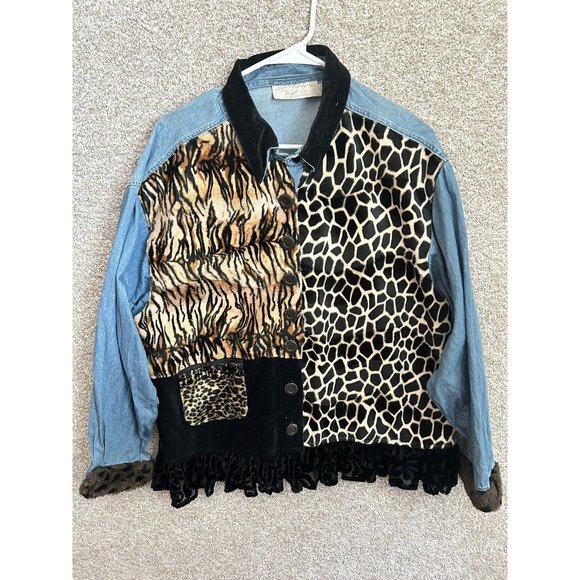 Vintage Taylor G Animal Block Print Denim Jacket Size 1X - Picture 1 of 7